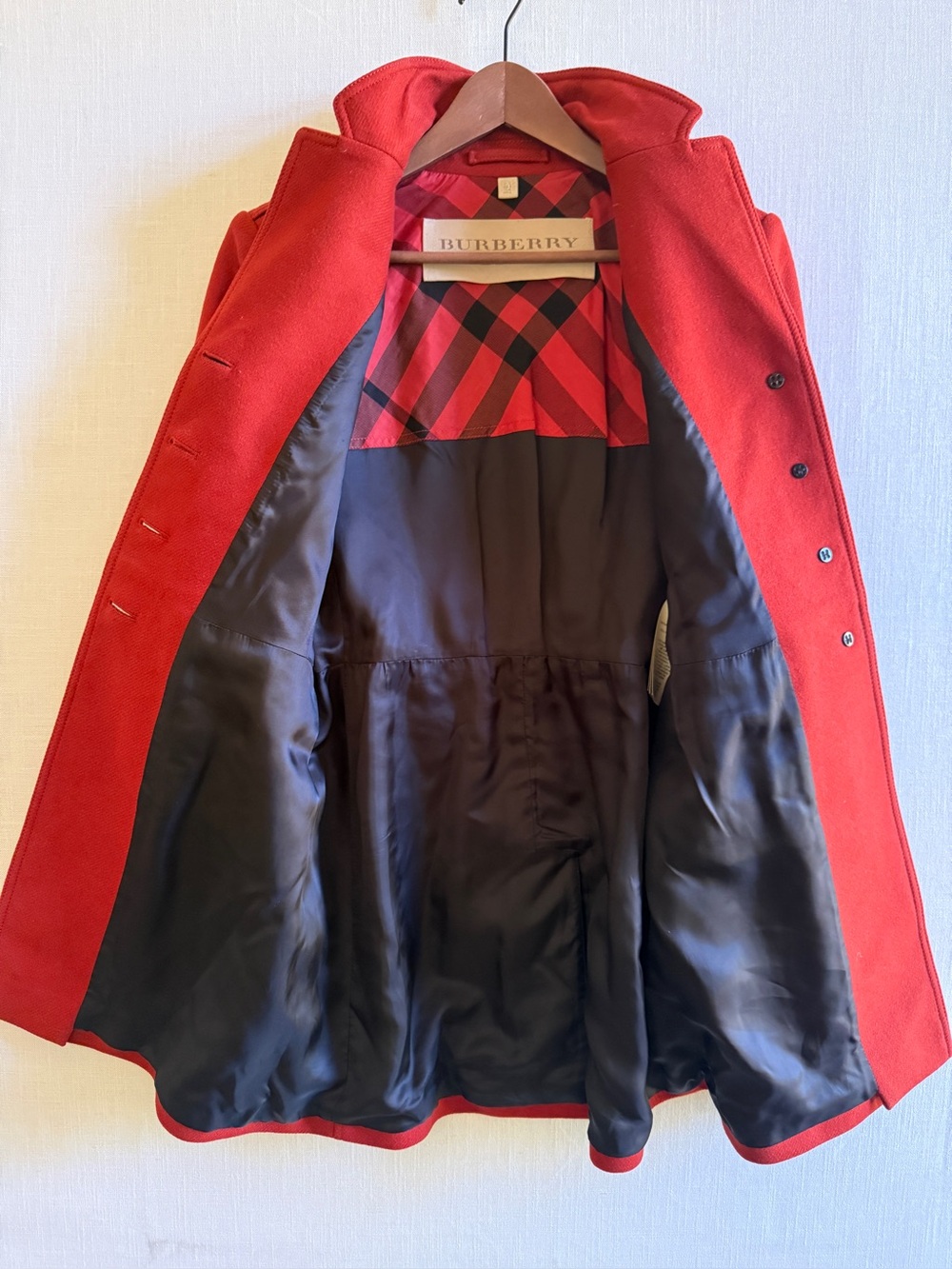BURBERRY BRIT Red Wool Leather Collar Military Coat US 8 - Picture 5 of 16